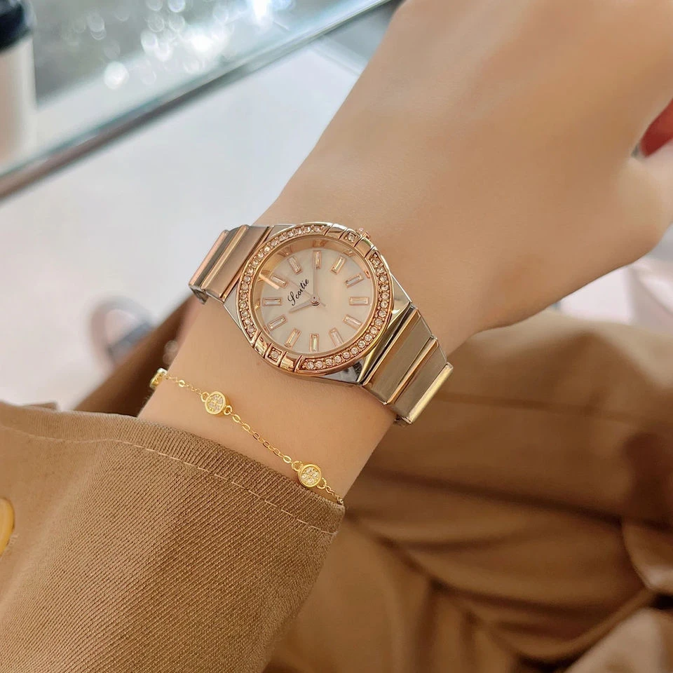 Montre de luxe en acier inoxydable pour femme, cristaux incrustés